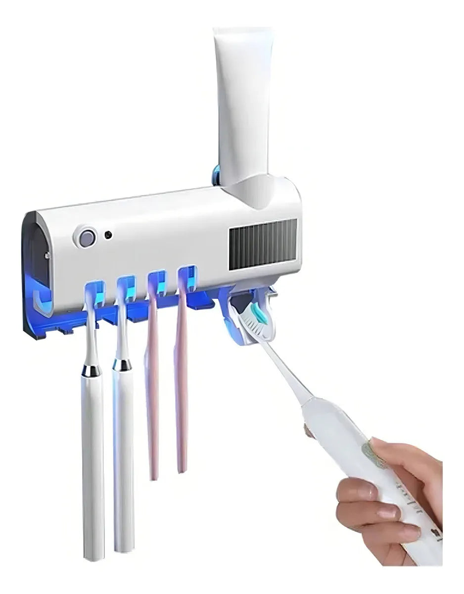 Organizador y esterilizador de cepillos de dientes con tecnología UV para eliminar bacterias, diseñado para instalar en la pared del baño y mantener varios cepillos limpios, secos y organizados.
