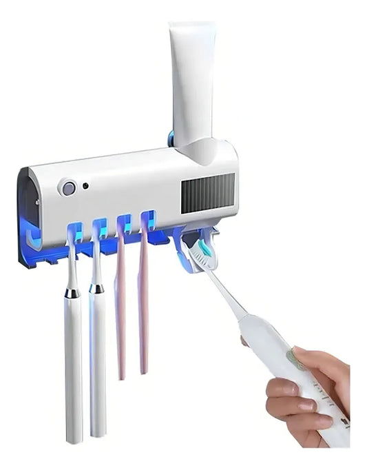 Organizador y esterilizador de cepillos de dientes con tecnología UV para eliminar bacterias, diseñado para instalar en la pared del baño y mantener varios cepillos limpios, secos y organizados.