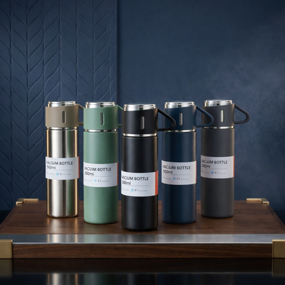 Set termo metálico térmico con tres tazas, diseño portátil de acero inoxidable ideal para mantener bebidas calientes o frías en viajes, camping o uso diario. ☕
